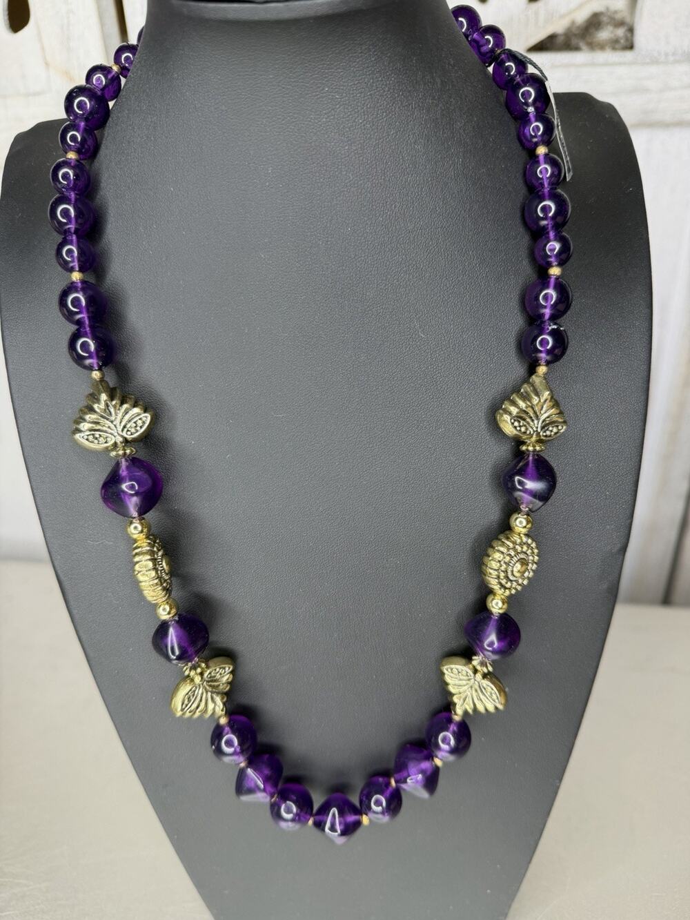 Vintage Purple Lucite Long Necklace Round Beaded Gold New! Retro